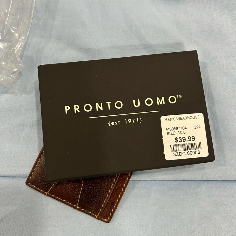 Pronto Uomo Men’s Brown Leather RFID Slim Card Holder Wallet New With Box
